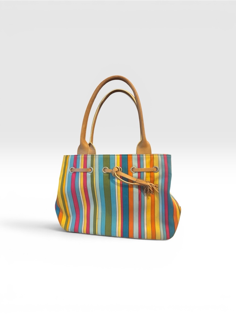 Preston & York Multicolor Striped Tote with Tan Handles VTG 90s